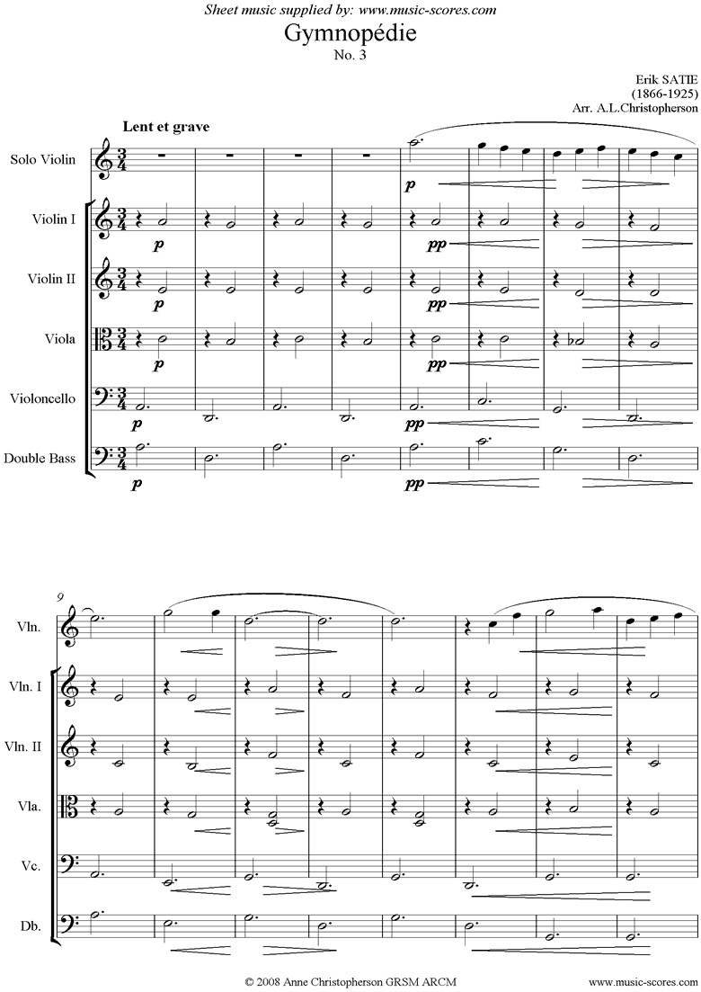 Front page of Gymnopédie: No.3: Violin and String Ensemble sheet music