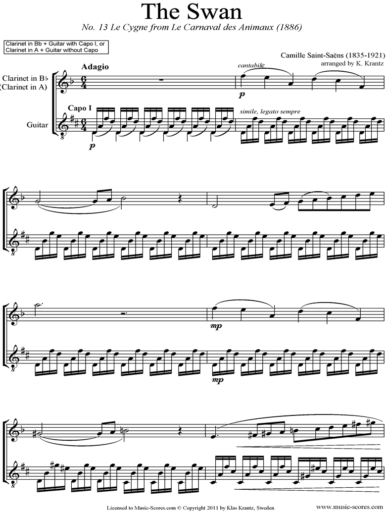 Le Carnaval des Animaux: 13 Le Cygne: Clarinet, Guitar by Saint-Saens