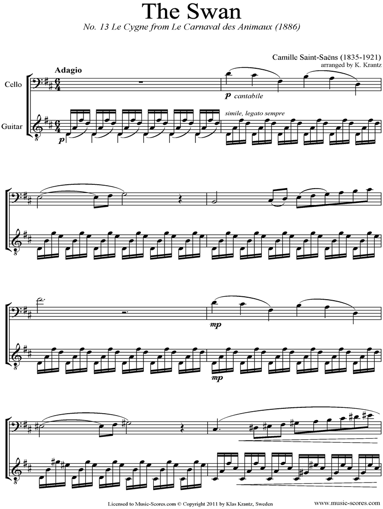 Le Carnaval des Animaux: 13 Le Cygne: Cello, Guitar: Dma by Saint-Saens