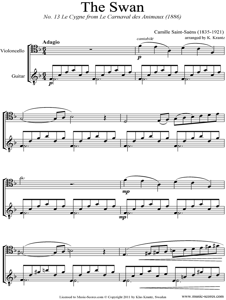 Front page of Le Carnaval des Animaux: 13 Le Cygne: Cello, Guitar Fma sheet music