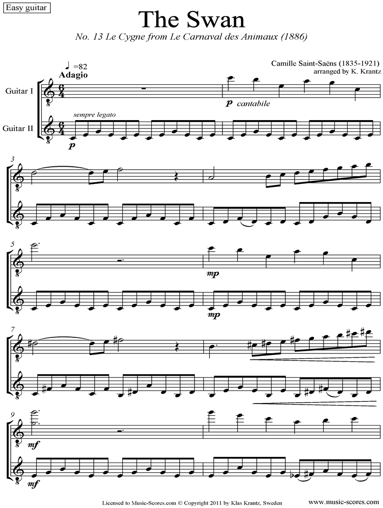 Front page of Le Carnaval des Animaux: 13 Le Cygne: 2 Guitars sheet music