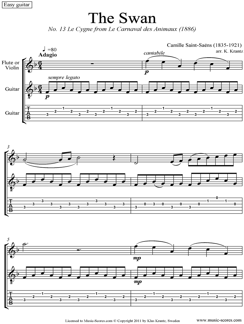 Le Carnaval des Animaux: 13 Le Cygne: Flute, easy Guitar by Saint-Saens