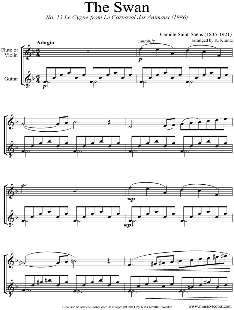 Le Carnaval des Animaux: 13 Le Cygne: Flute, Guitar by Saint-Saens