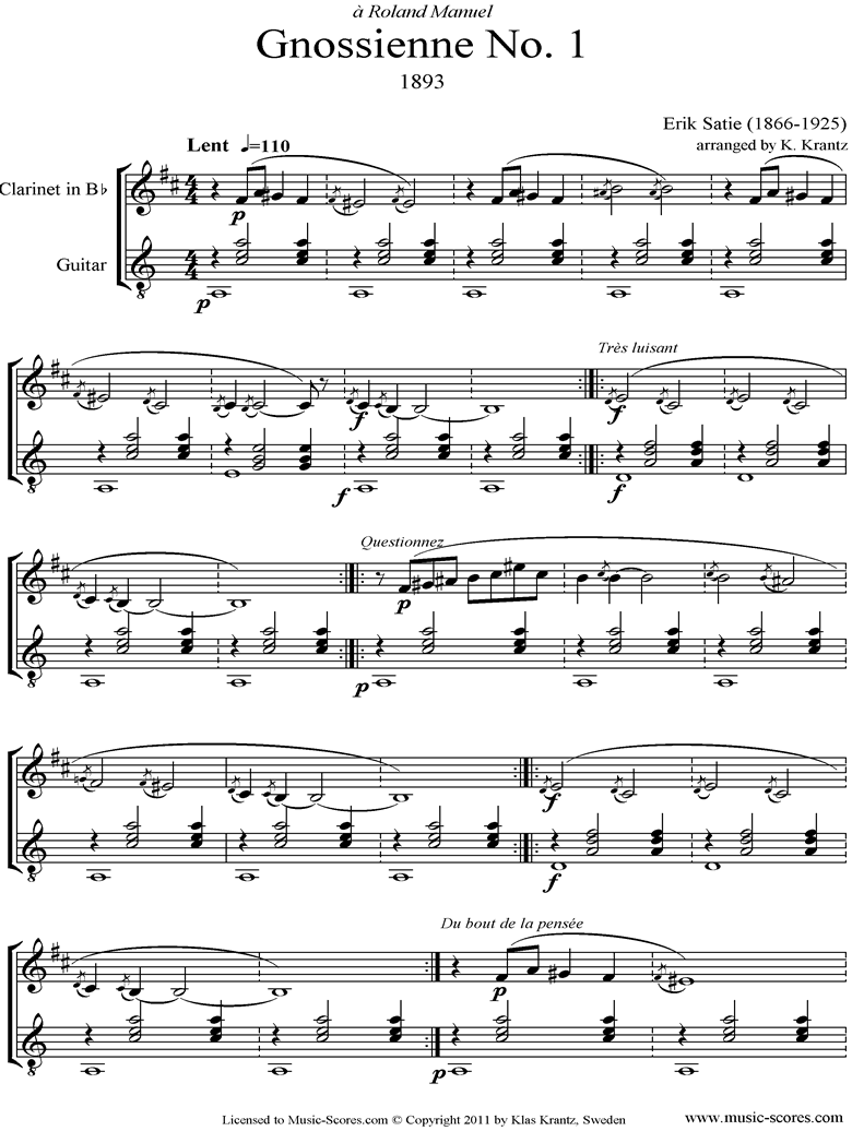 Front page of Gnossienne: No. 1: Clarinet, Guitar sheet music