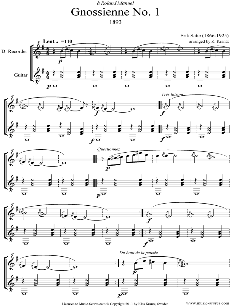 Front page of Gnossienne: No. 1: Descant recorder, Guitar sheet music