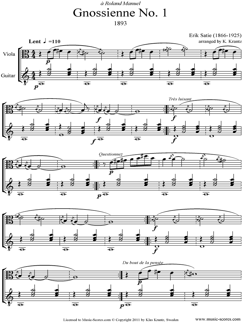 Front page of Gnossienne: No. 1: Viola, Guitar sheet music