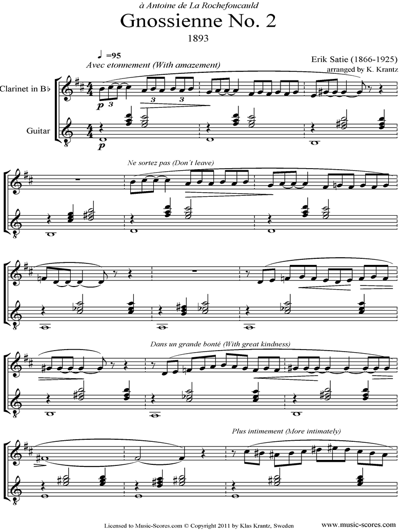 Front page of Gnossienne: No. 2: Clarinet, Guitar sheet music