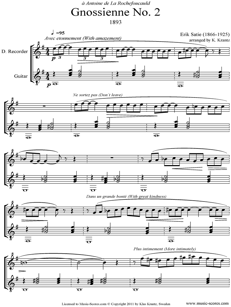 Front page of Gnossienne: No. 2: Descant Recorder, Guitar sheet music