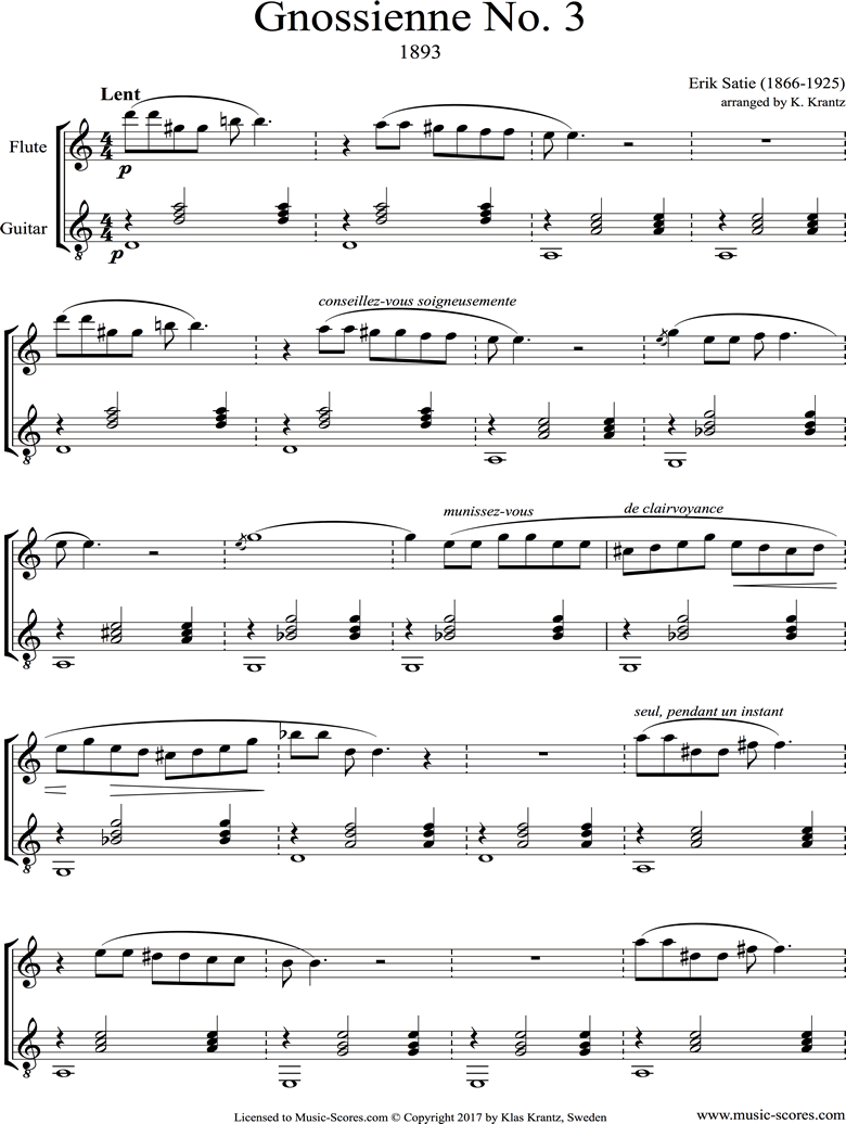 Front page of Gnossienne: No. 3: Flute, Guitar: A mi sheet music