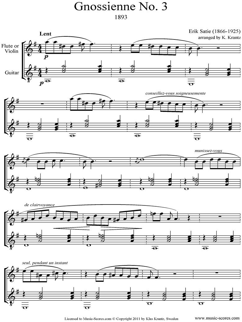 Front page of Gnossienne: No. 3: Flute, Guitar sheet music