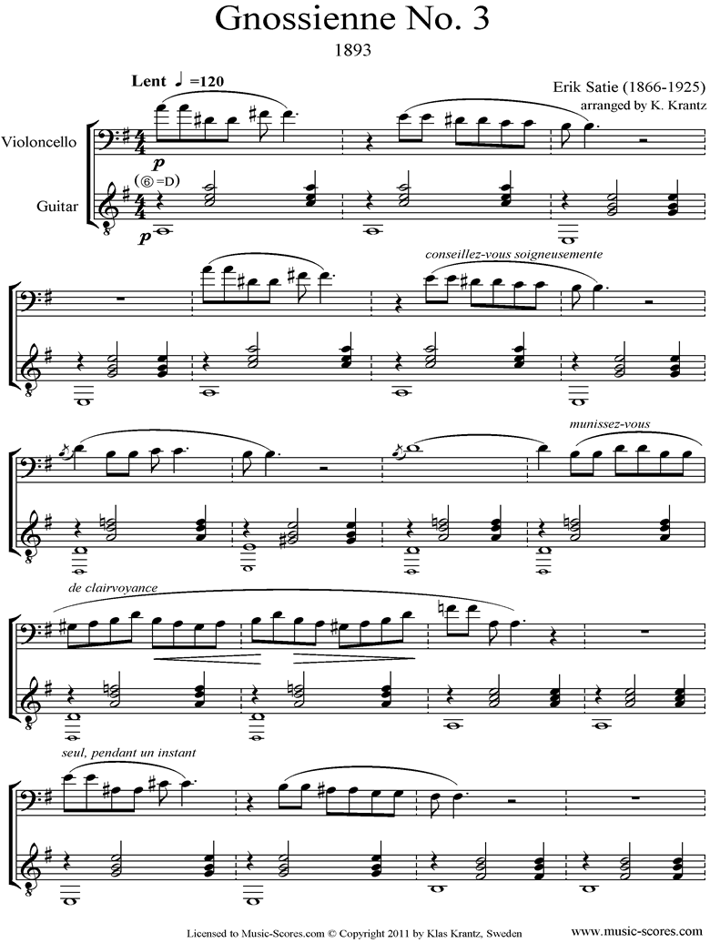 Front page of Gnossienne: No. 3: Cello, Guitar sheet music