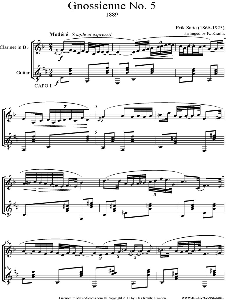 Front page of Gnossienne: No. 5: Clarinet, Guitar Capo I sheet music