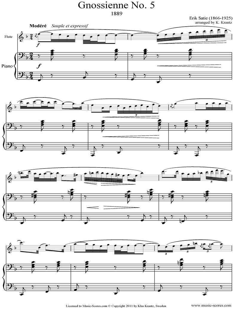 Front page of Gnossienne: No. 5: Flute, Piano sheet music