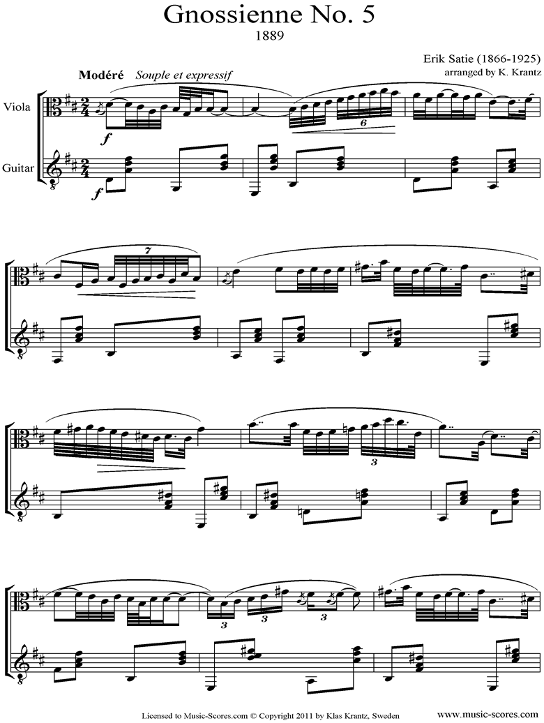 Front page of Gnossienne: No. 5: Viola, Guitar sheet music