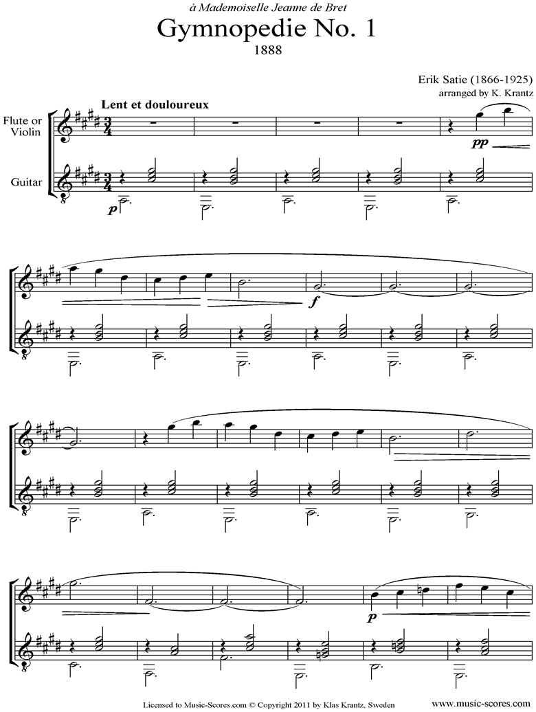 Front page of Gymnopédie: No.1: Flute, Guitar: E ma sheet music