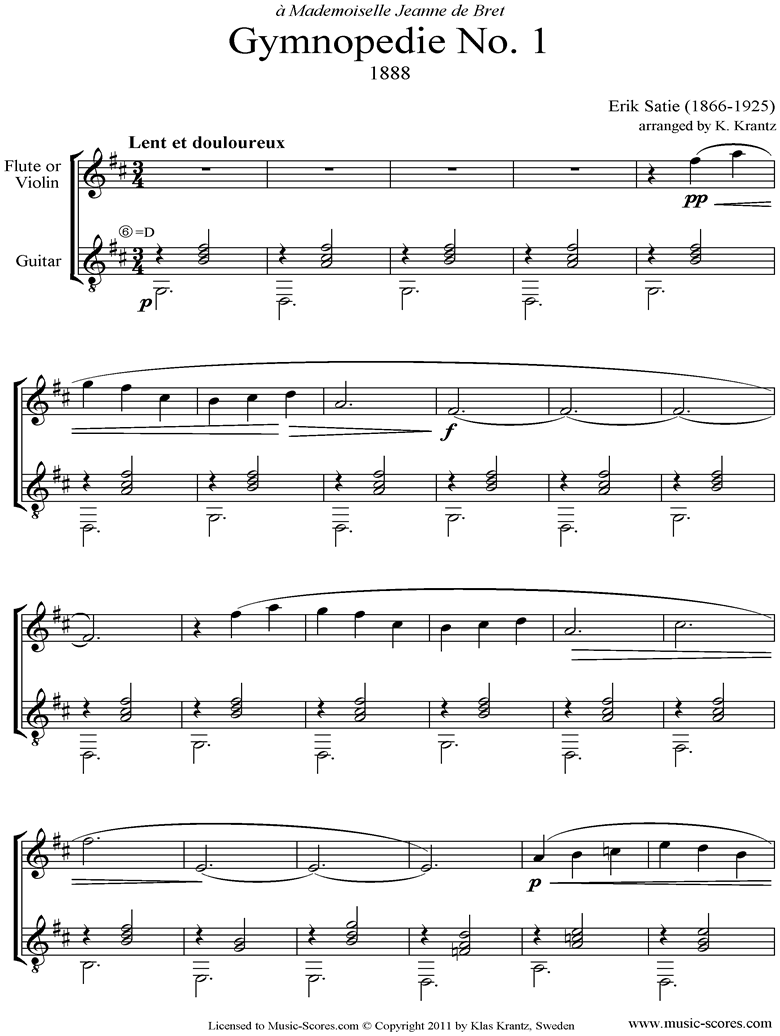Front page of Gymnopédie: No.1: Flute, Guitar sheet music