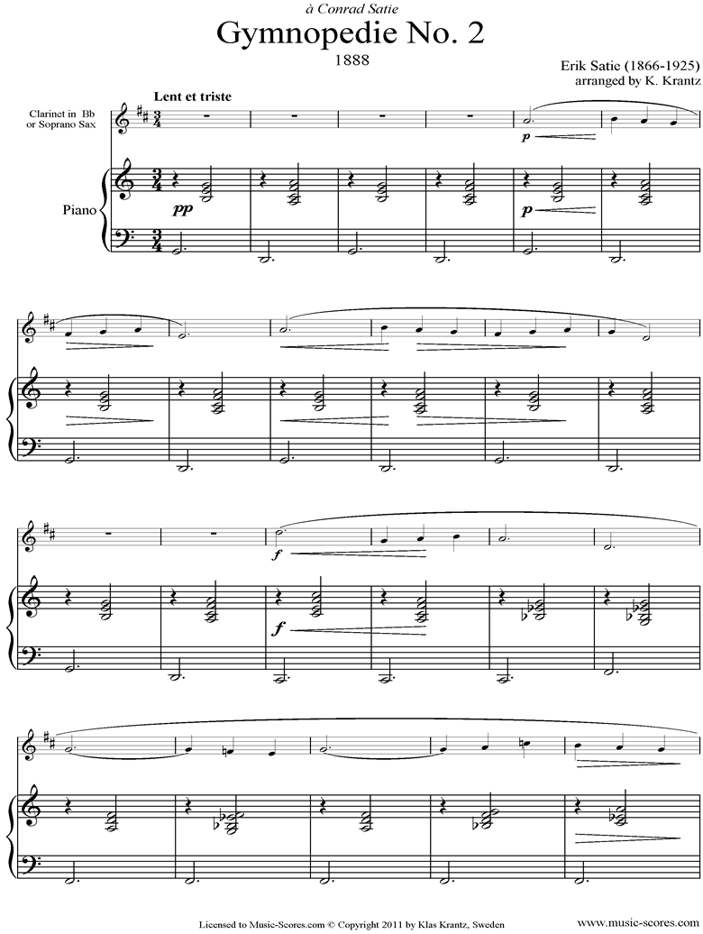 Front page of Gymnopédie: No.2: Clarinet, Piano sheet music