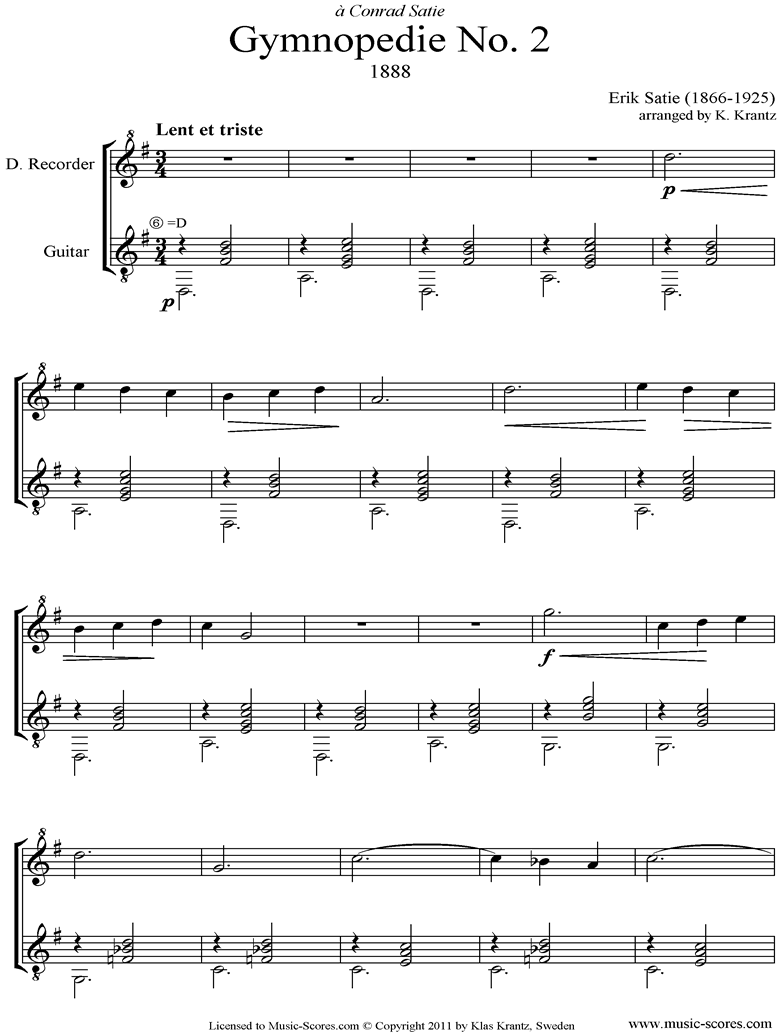 Front page of Gymnopédie: No.2: Descant Recorder, Guitar sheet music
