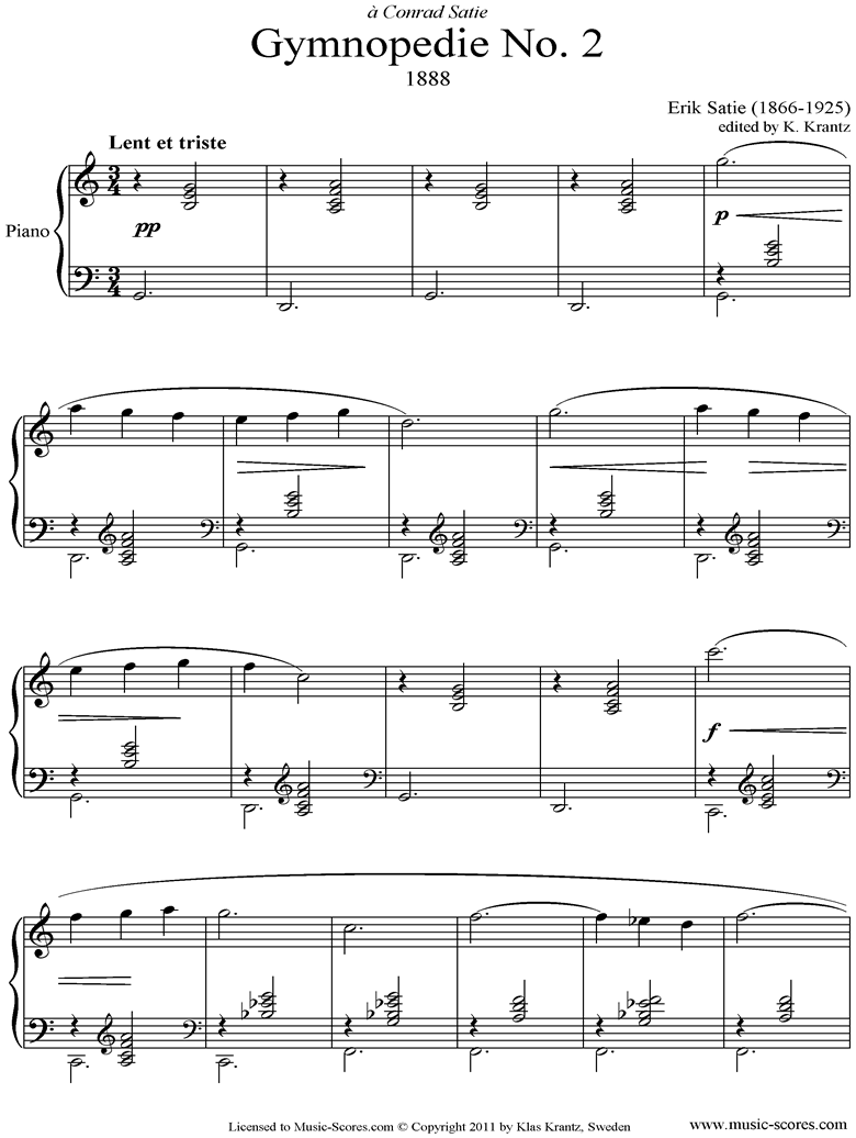 Satie. Gymnopedie No.2 Piano classical sheet music