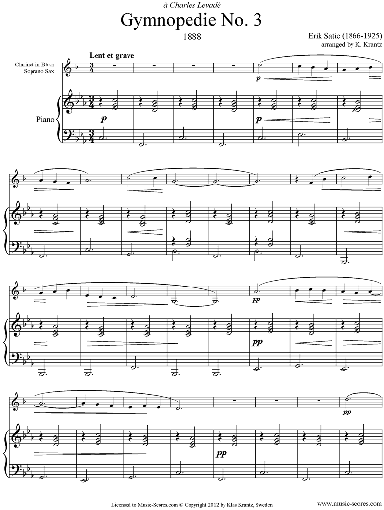 Gymnopédie: No.3: Clarinet, Piano by Satie