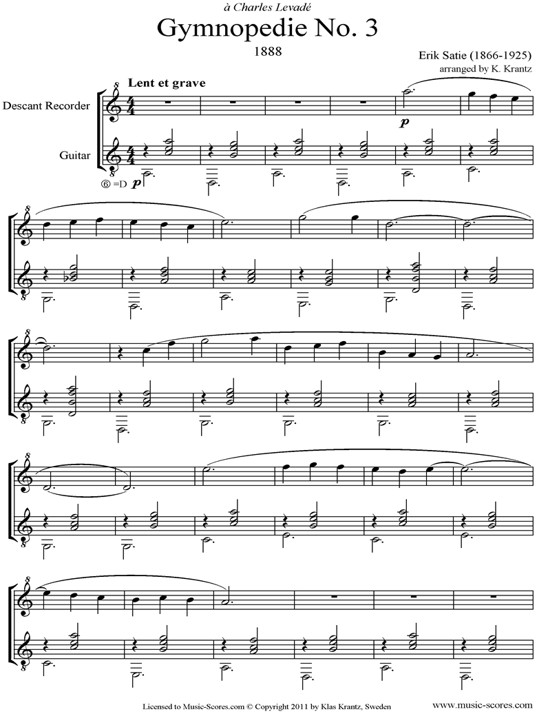 Front page of Gymnopédie: No.3: Descant Recorder, Guitar sheet music