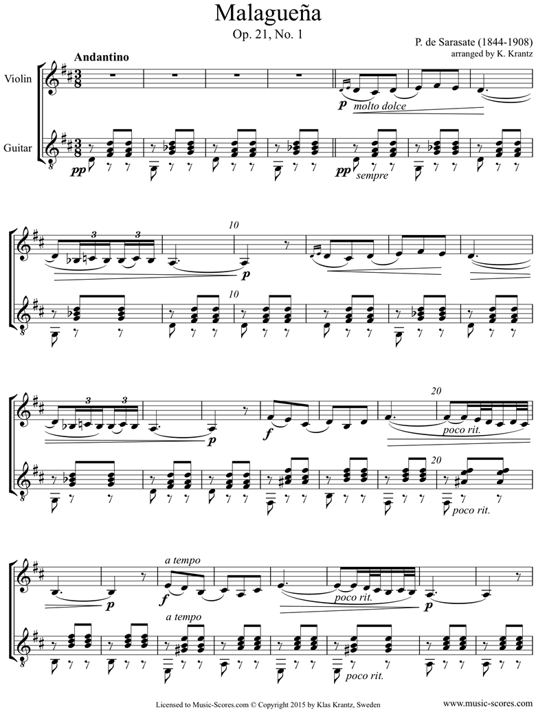 Front page of Op.21, No.1: Malaguena: Violin, Guitar sheet music