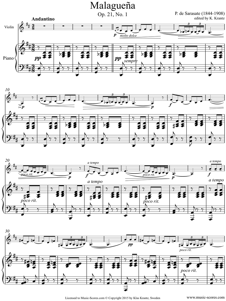 Front page of Op.21, No.1: Malaguena: Violin, Piano sheet music