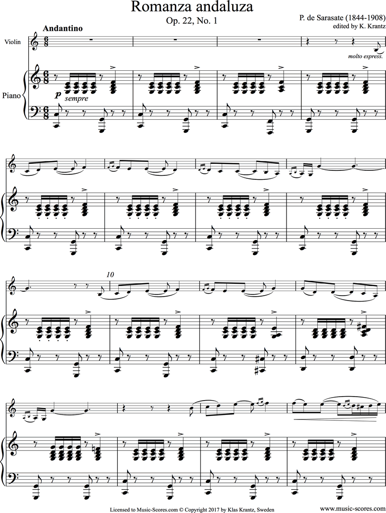 Front page of Op 22, No.1: Romanza Andaluza: Violin, Piano sheet music