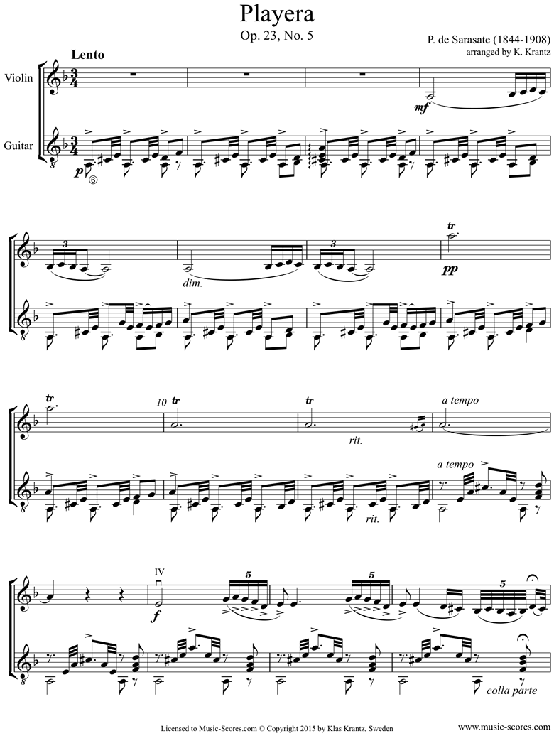 Front page of Op.23, No.5: Playera: Violin, Guitar sheet music