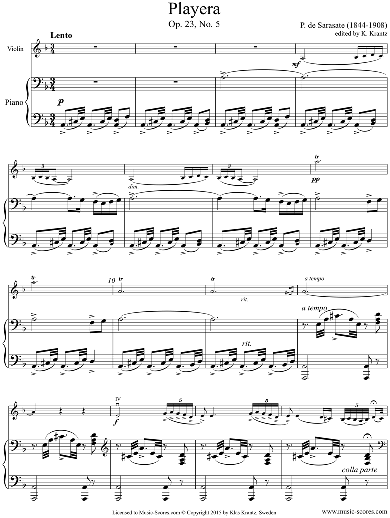 Front page of Op.23, No.5: Playera: Violin, Piano sheet music