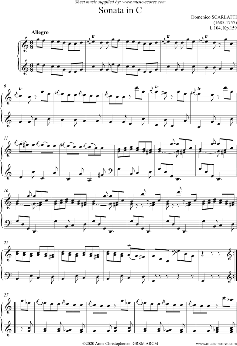 Front page of Kp.159, L.104: Sonata in C: Piano sheet music