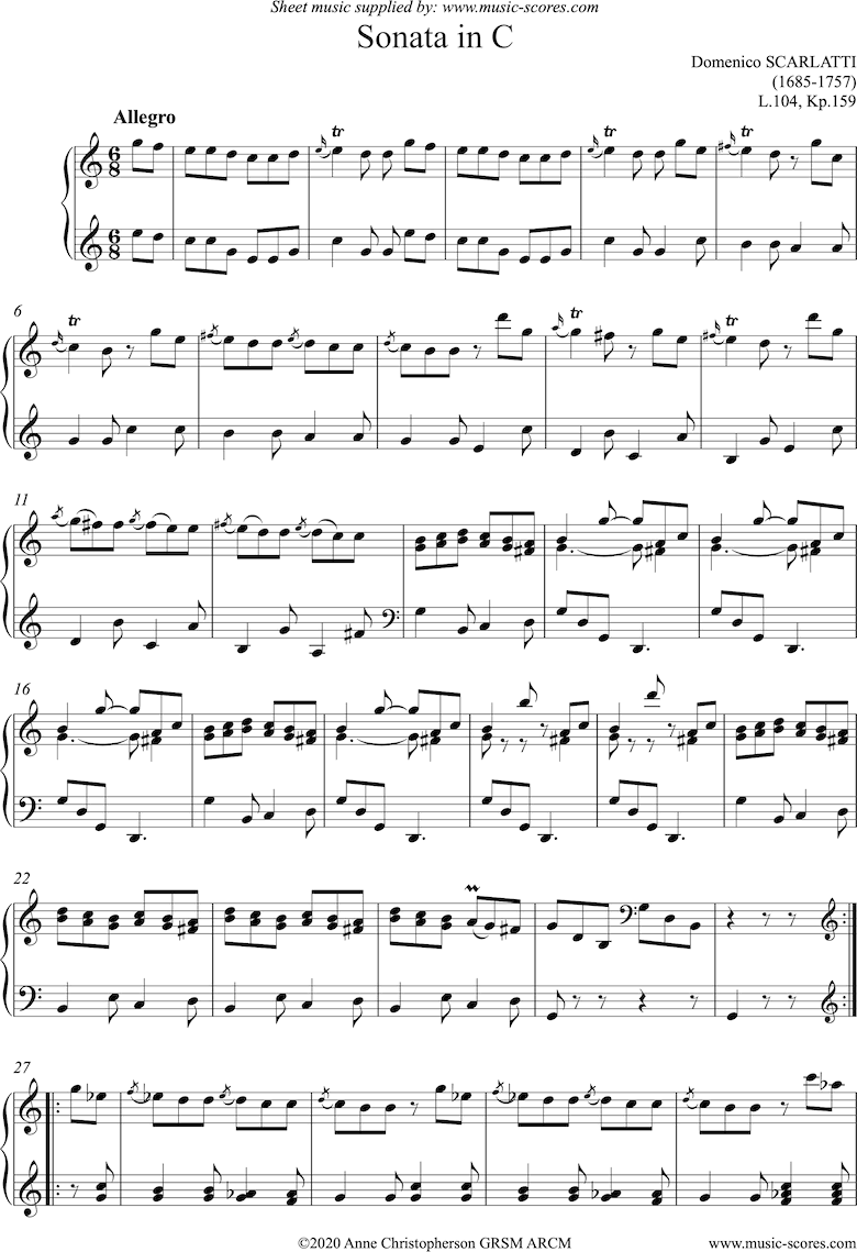 Front page of Kp.159, L.104: Sonata in C: Harpsichord sheet music