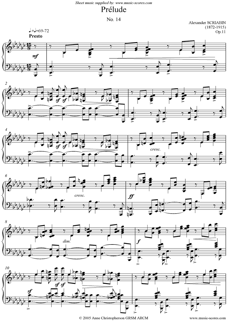Front page of Op.11, No.14: Prelude sheet music