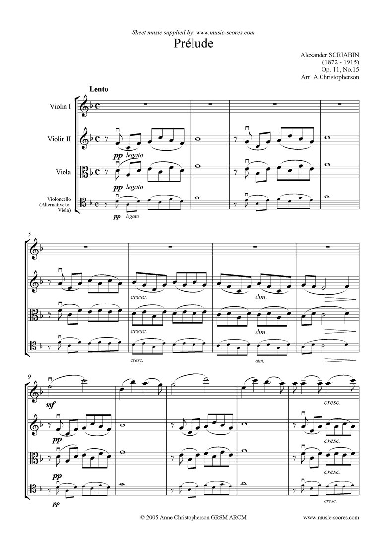 Front page of Op.11, No.15: Prelude: String Trio sheet music