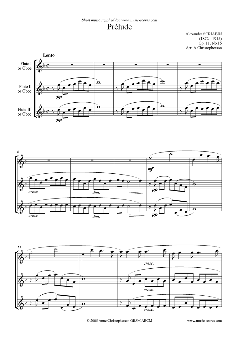 Front page of Op.11, No.15: Prelude: Flute Trio sheet music