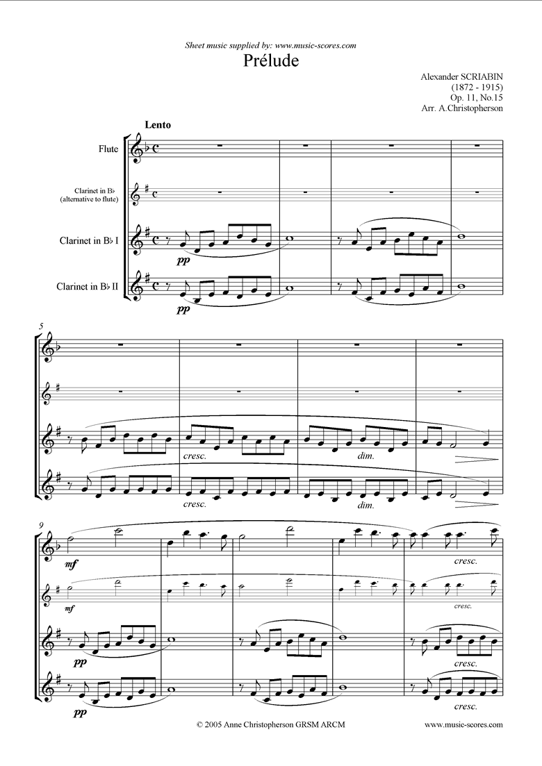 Front page of Op.11, No.15: Prelude: Wind Trio sheet music