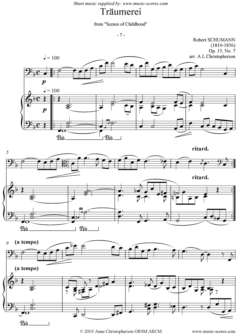 Front page of Op.15: Scenes from Childhood: 07 Dreaming: Trombone, Piano sheet music