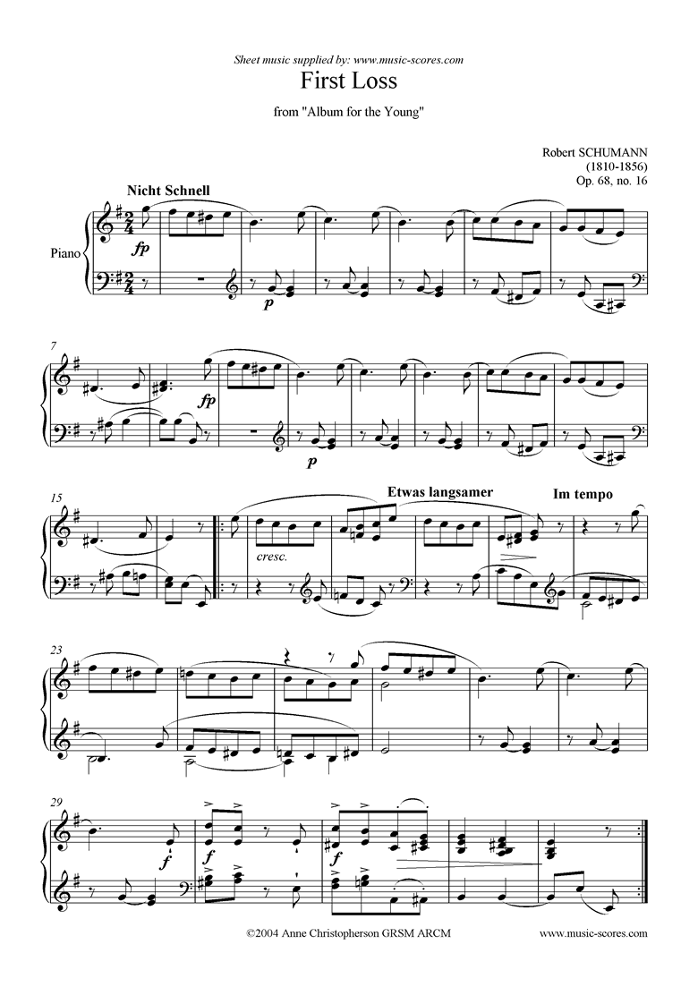 Front page of Op.68: Album for the Young: No.16: First Loss sheet music