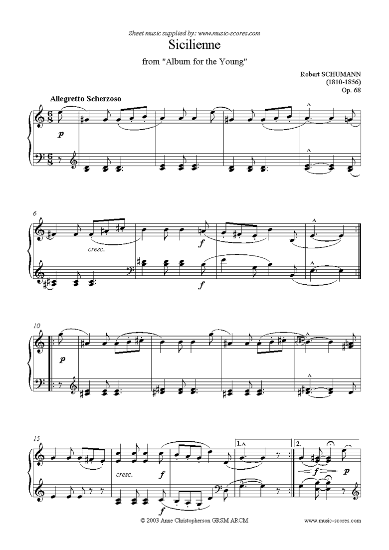 Free Piano Sheet Music – Siciliana Op. 68 No. 11 – Schumann