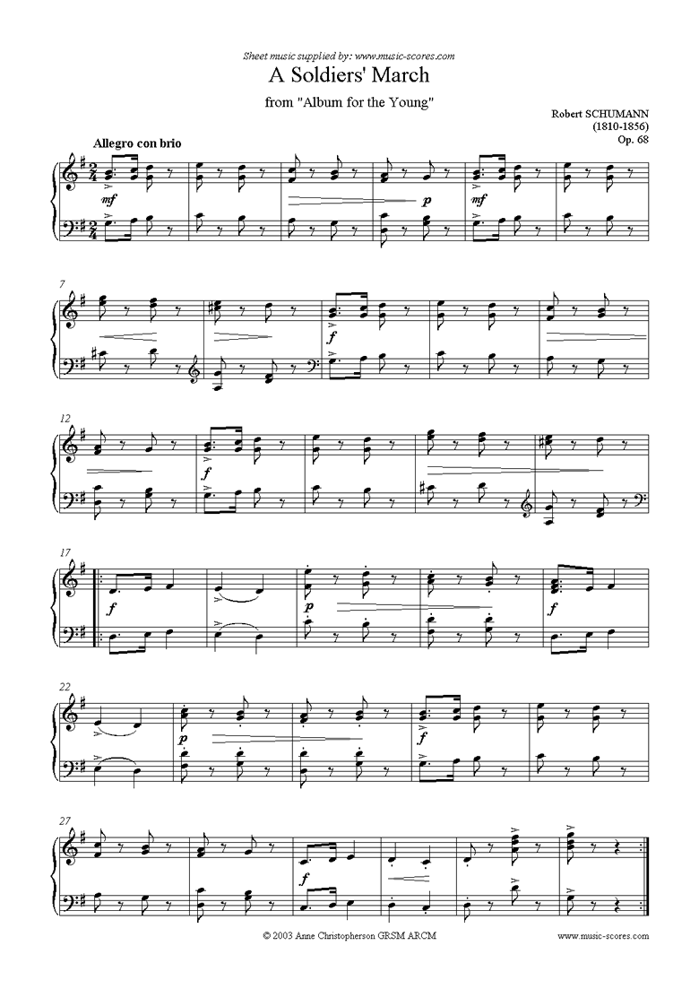Front page of Op.68: Album for the Young: A Soldiers March sheet music