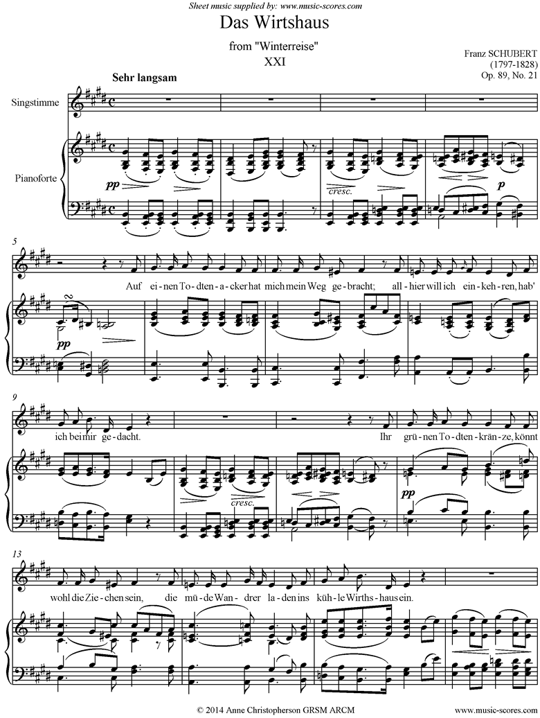 Front page of Winterreise, Op. 89: 21 Das Wirthshaus: E ma sheet music