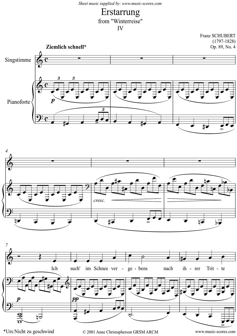 Front page of Winterreise, Op. 89:  04 Erstarrung: A minor sheet music