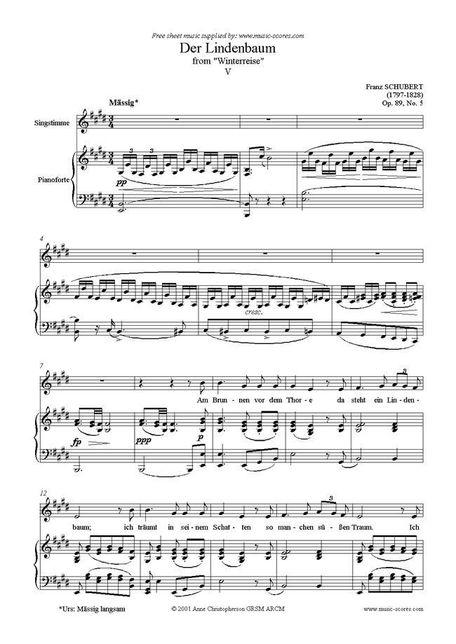 Front page of Winterreise, Op. 89: 05 Der Lindenbaum sheet music
