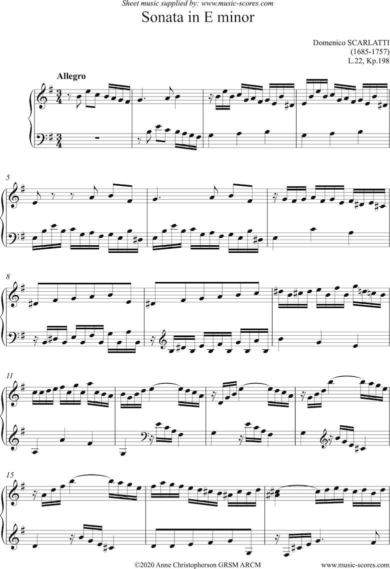 Front page of Kp.198, L.022: Sonata in E minor: Piano sheet music