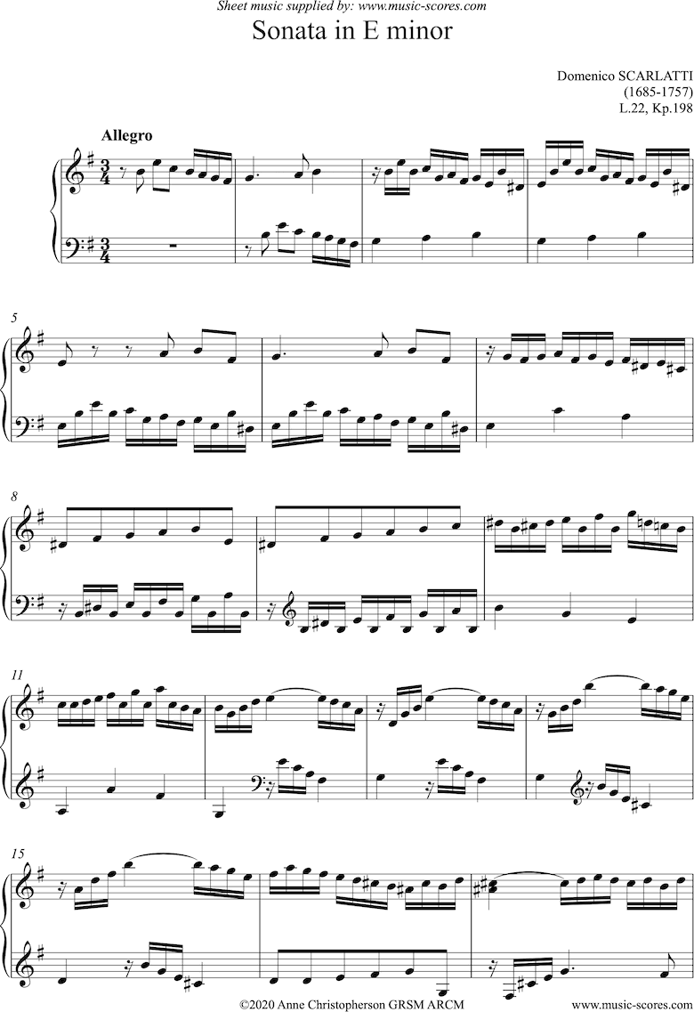 Front page of Kp.198, L.022: Sonata in E minor: Harpsichord sheet music