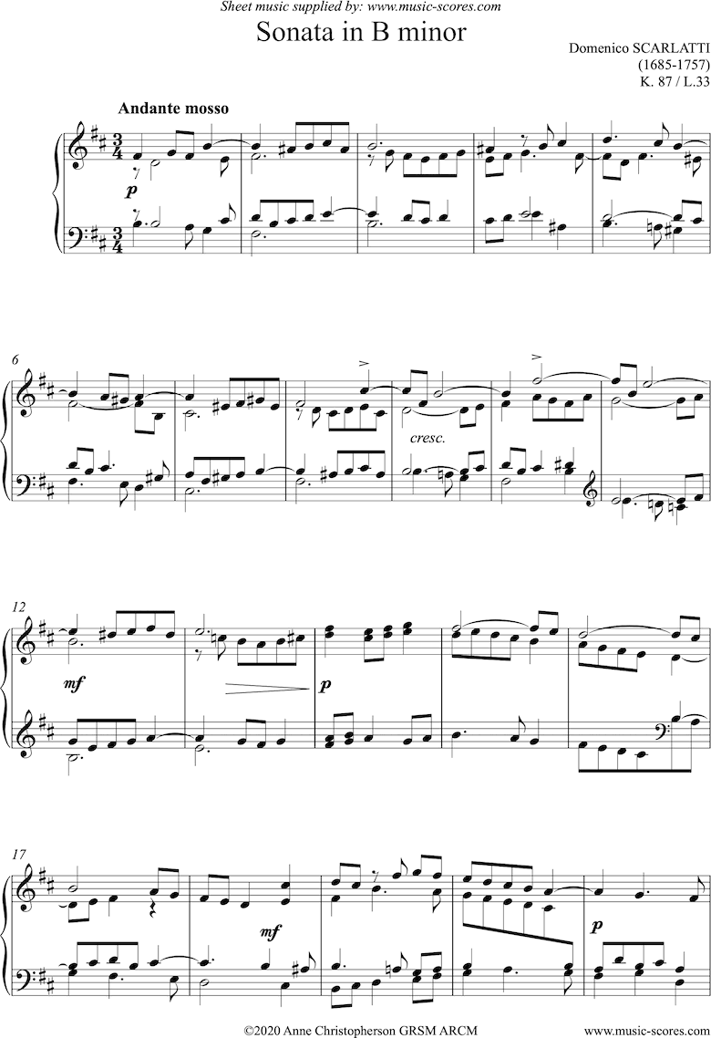 Front page of Kp.087, L.033: Sonata in B minor: Piano sheet music