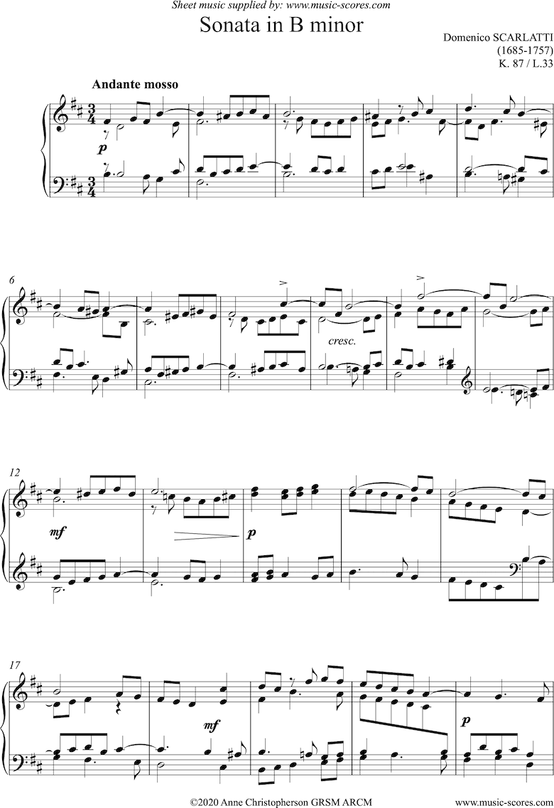 Front page of Kp.087, L.033:Sonata in B minor:  Harpsichord sheet music