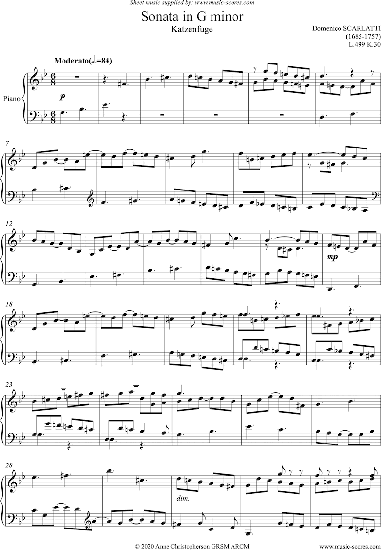 Front page of Kp.030, L.499: Katzenfugue from Sonata in G minor: Piano sheet music