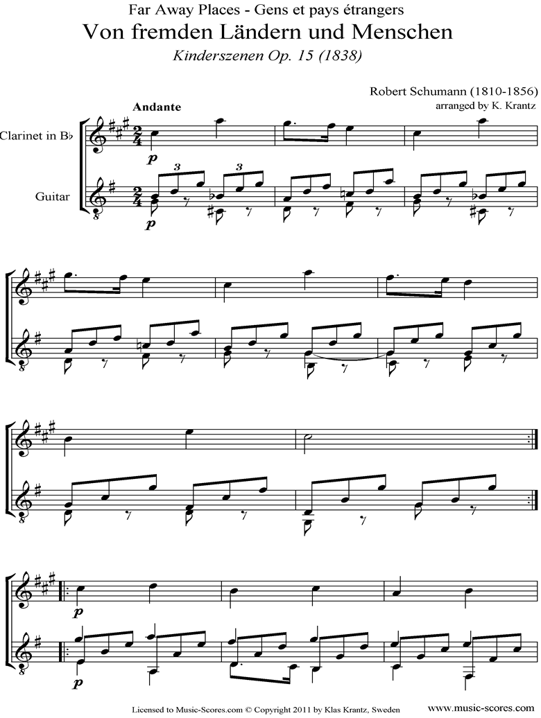 Front page of Op.15: Scenes from Childhood: 01 Of Strange Lands: Clarinet, Guitar sheet music