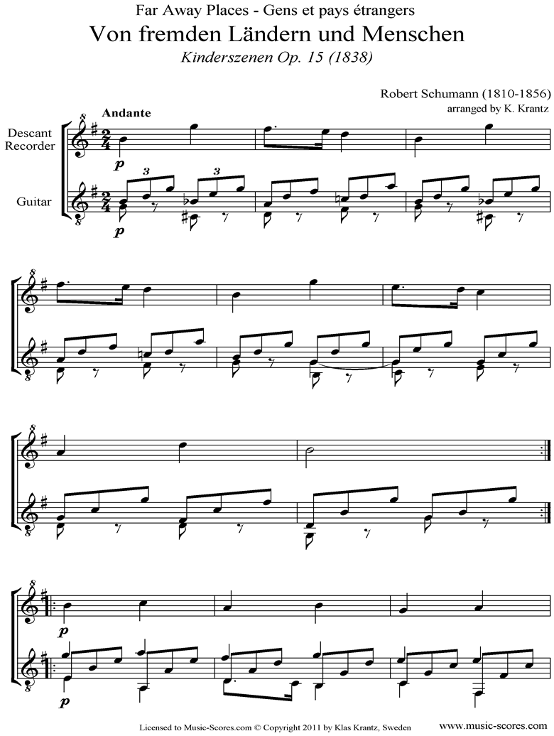 Front page of Op.15: Scenes from Childhood: 01 Of Strange Lands: Descant Recorder, Guitar sheet music